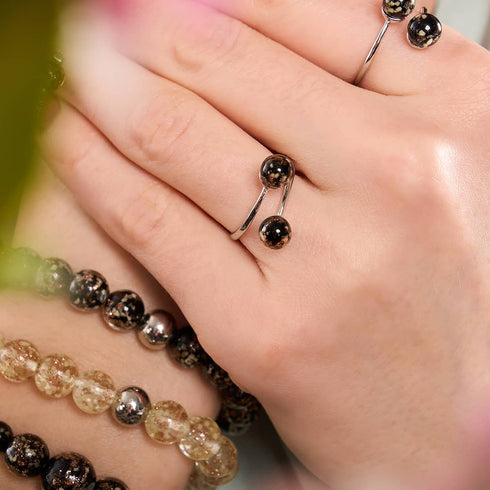 Obsidian | 925er Sterlingsilber | Glühwürmchenglas | Unendlichkeits-Helix-Ring